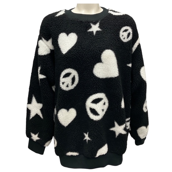 LOVE MOSCHINO BLACK / WHITE HEART STAR PEACE FAUX SHERPA SWEATER - Picture 1 of 4